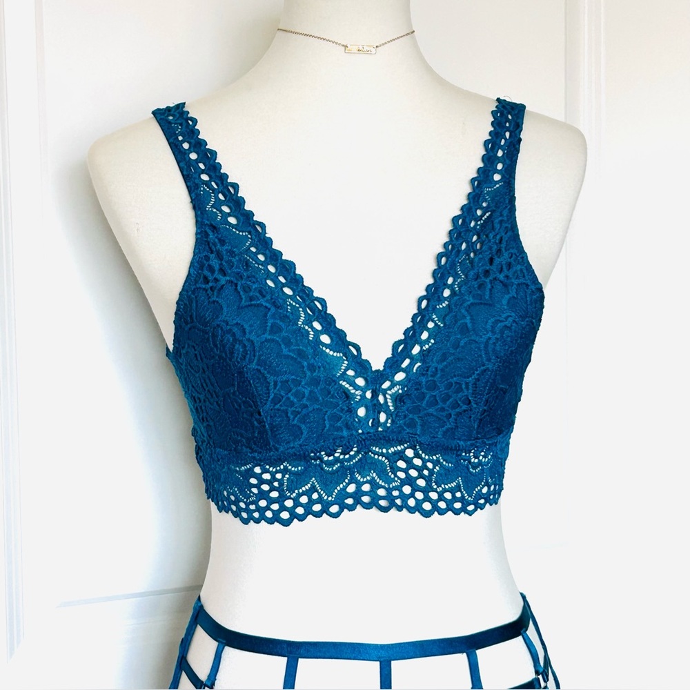 Aerie Lace Cotton Bralette Teal Medium Plunge